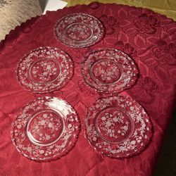  VTG. Fostoria Chintz On Baroque Clear 8 3/8” Luncheon Plates.  Crystal Glass. Etched Floral. 