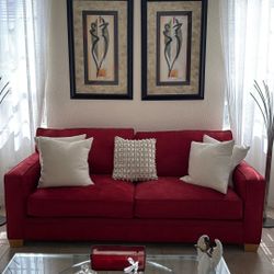 Red Microfiber Couch W/decorative Wall Art &Pillows