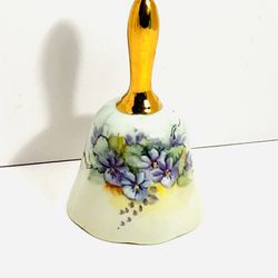 Beautiful Bell with Floral Purple Flowers and Gold Colored Handle - Signed 1979