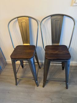 Set of 2 Industrial Counter-Height Stools – Metal & Wood – 24" Seat