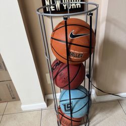 Basketball Metal Storage Rack with 4 Basketballs Nike Baller, Wilson NCAA and Logan Sport