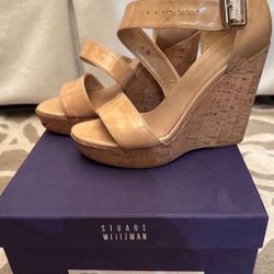 Stuart Weitzman Patent Nude Wedges 