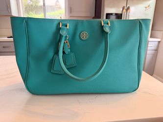 Tory Burch Teal Leather Tote Bag