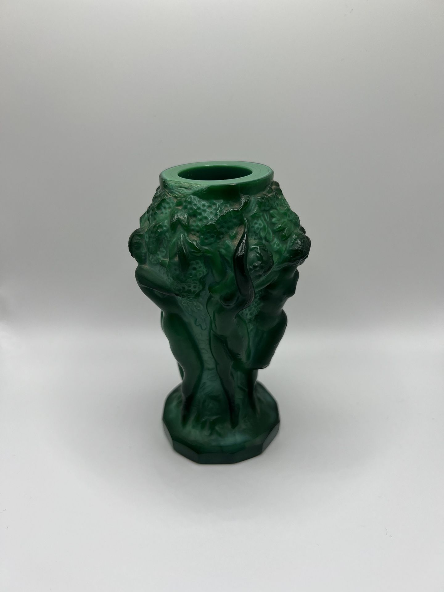 Antique Czech Art Deco GREEN Malachite Glass Vase w/Nudes Curt Schlevogt