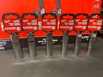 MILWAUKEE  1/2”  DRIVE  DEEP   FLAT  SOCKETS  19mm”. 18mm,  17mm,, 15mm,,  14mm, 13mm   New