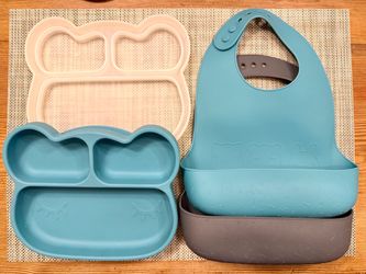 Silicone Baby Feeding Set | 2 “Catchie” Bibs, 1 “Suckie” Plate with Lid