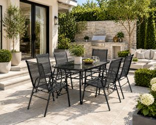 Patio set 7-Piece Glass Patio Table and Chairs Set, Outdoor Dining Set with Table with Umbrella Hole, 6 Sling Patio Chairs, Black