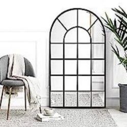 Black Arched Window Mirror,Large Window pane Mirror w/ Beveled, Metal Framed Windowpane Mirror, 28.5" X 50" Arched Wall Mirror for Wall Decor,Entryway