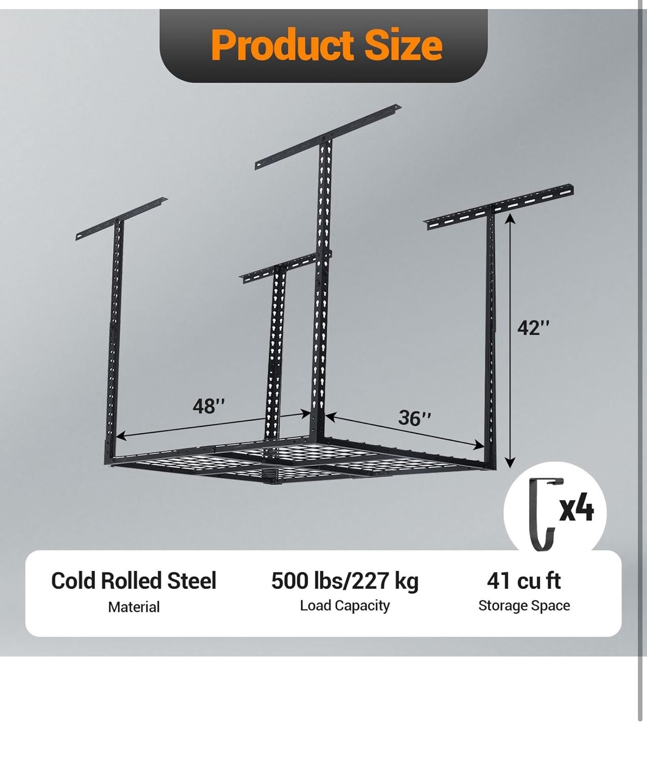 🔥Garage Ceiling Storage Racks, 48'' x 36'' Heavy-Duty Steel Garage Ceiling Rack with Space-Saving Design, Easy Installation, Adjustable Height, and D