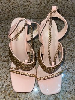 Pink Patent Heeled Sandals with Gold Chain Detail
