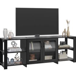 TV Stand for 70 inch TV, Entertainment Center TV Console Table TV Storage Cabinets Media Console with 2 Doors and Open Shelves, 4 Cubby for Living Roo