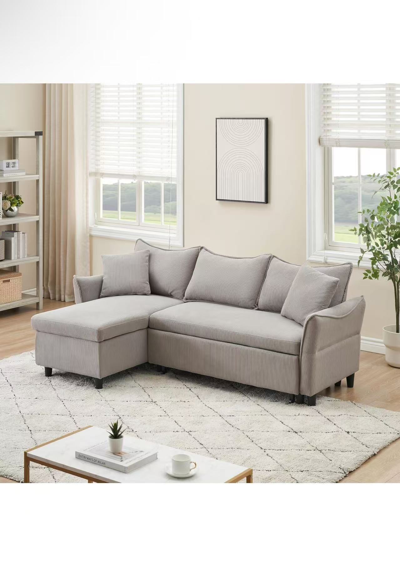 L-Shaped Sectional Sofa Couch Bed w/Chaise & Side Pockets, Reversible Sleeper Lounge Sofá w/Pull Out Bed& Storage Space, 3-seat Corduroy Convertible P