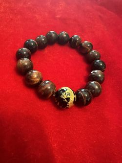 Bracelet Tiger Eyes Natural Stone With Gold Dragon