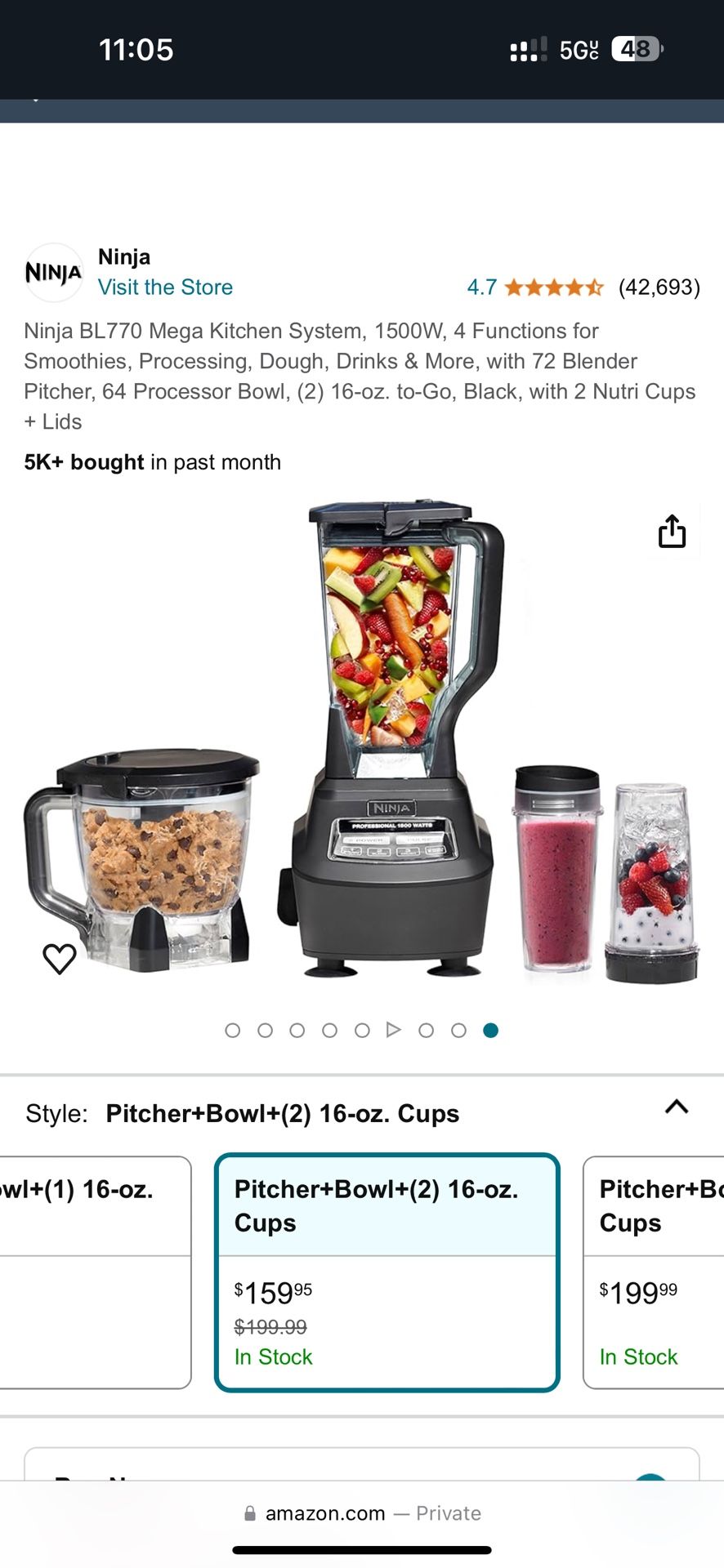 Ninja BL770 Mega Kitchen System, 1500W, 4 Functions for Smoothies, Processing, Dough, Drinks & More, with 72 Blender Pitcher, 64 Processor Bowl, (2) 1