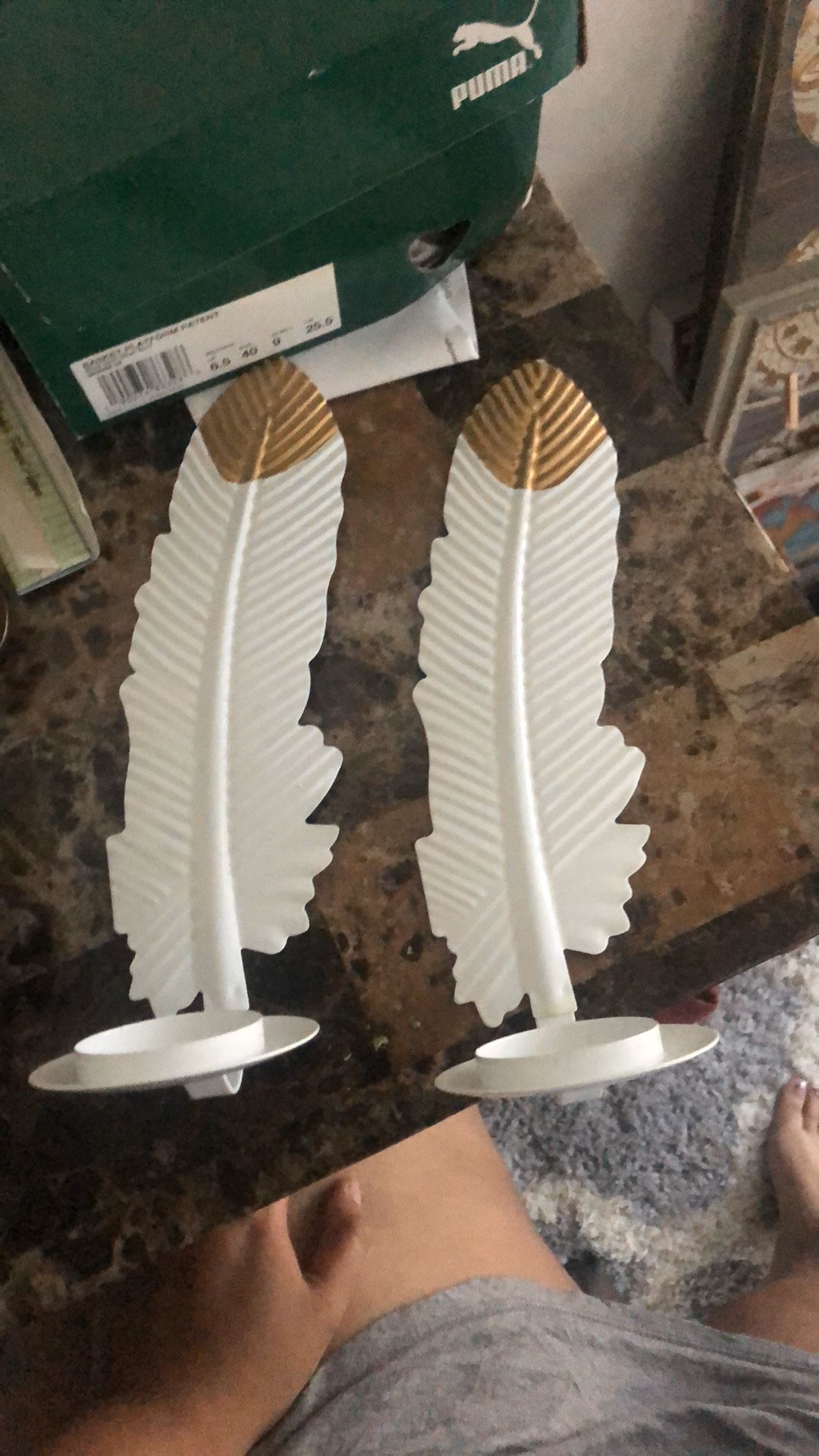White and gold feather wall candle holders Set of 2