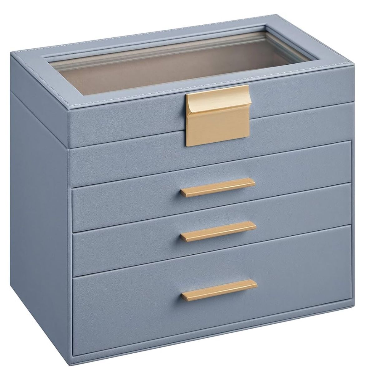 SONGMICS Jewelry Box with Glass Lid, 4-Layer Jewelry Organizer, 3 Drawers, for Sunglasses, Big Jewelry, Jewelry Storage, Modern Style, Smoky Blue and