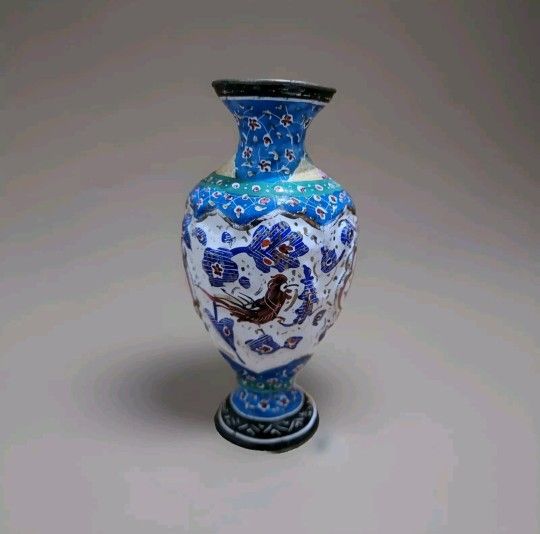 ANTIQUE BRASS ENAMELED VASE OF SHRINE BIRDS FLOWERS 5" TALL.
