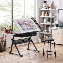 Height Adjustable White Art Desk for Adults, Tilting Tabletop Drafting Drawing Table with Extra Large Desktop and Drawers, Foldable Stand up Craft Pai