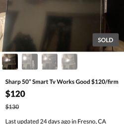 Sharp 50” Smart Tv Works Good $120/firm