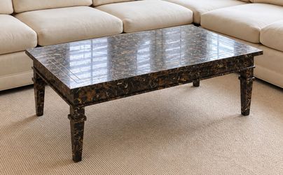 Maitland-Smith Style Tessellated Emperador Marble Coffee Table With Brass Inlay - 48”