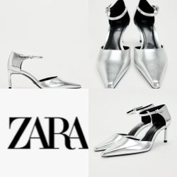 ZARA NWT metallic silver Pointed Toe Heeled Pumps SIZE 6.5
