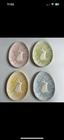 MAGENTA Easter Bunny Rabbit Plate Egg Embossed Damask Floral Pastels Lot of 4