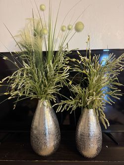 Set of 2 Silver Textured Vases with Faux Greenery