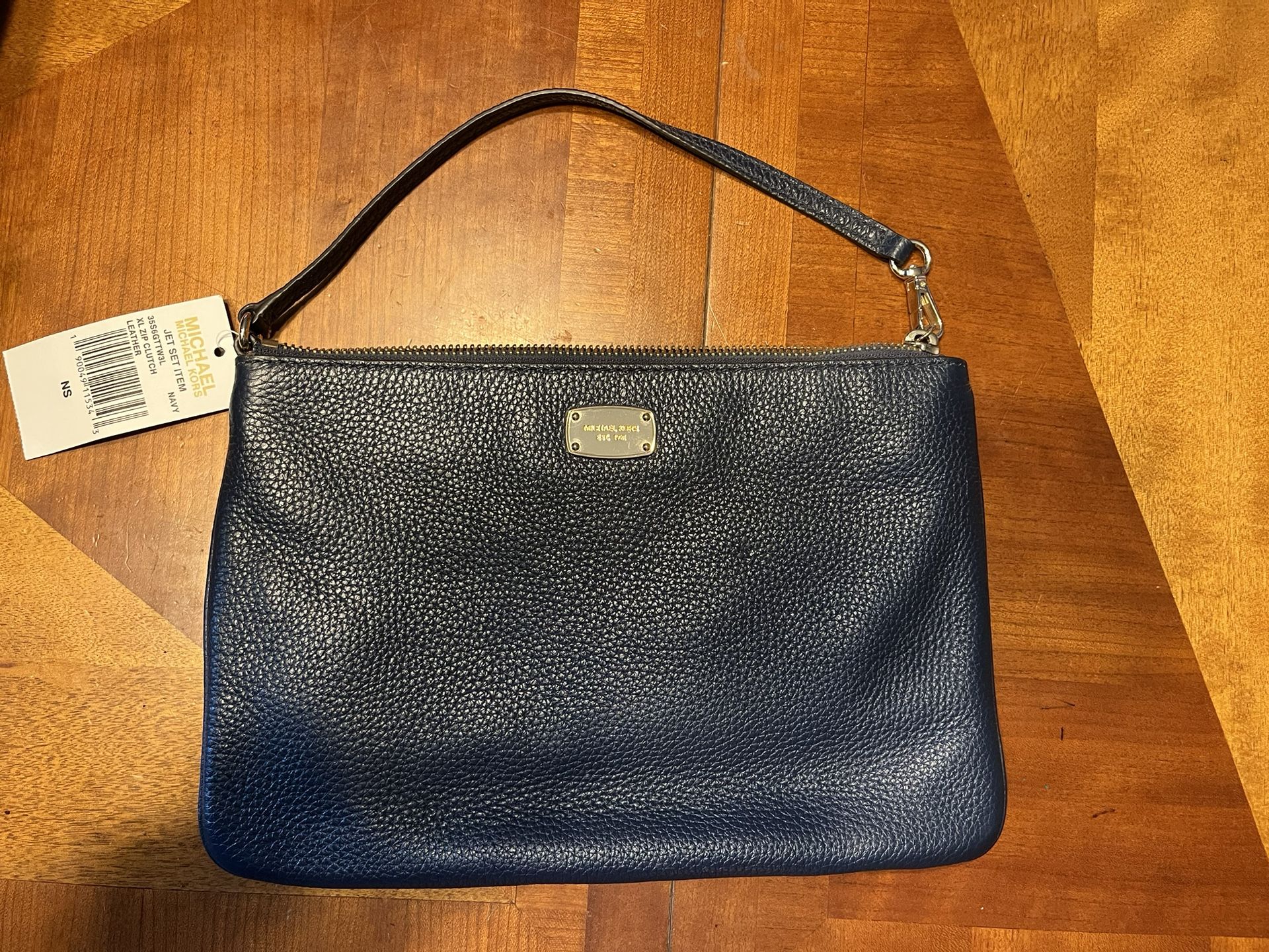 Michael Kors Purse JET SET Clutch Travel XL Top Zip Wristlet Navy Leather