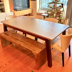 West Elm Dining Table & Bench w/ Crate & Barrel Leather Chair Set