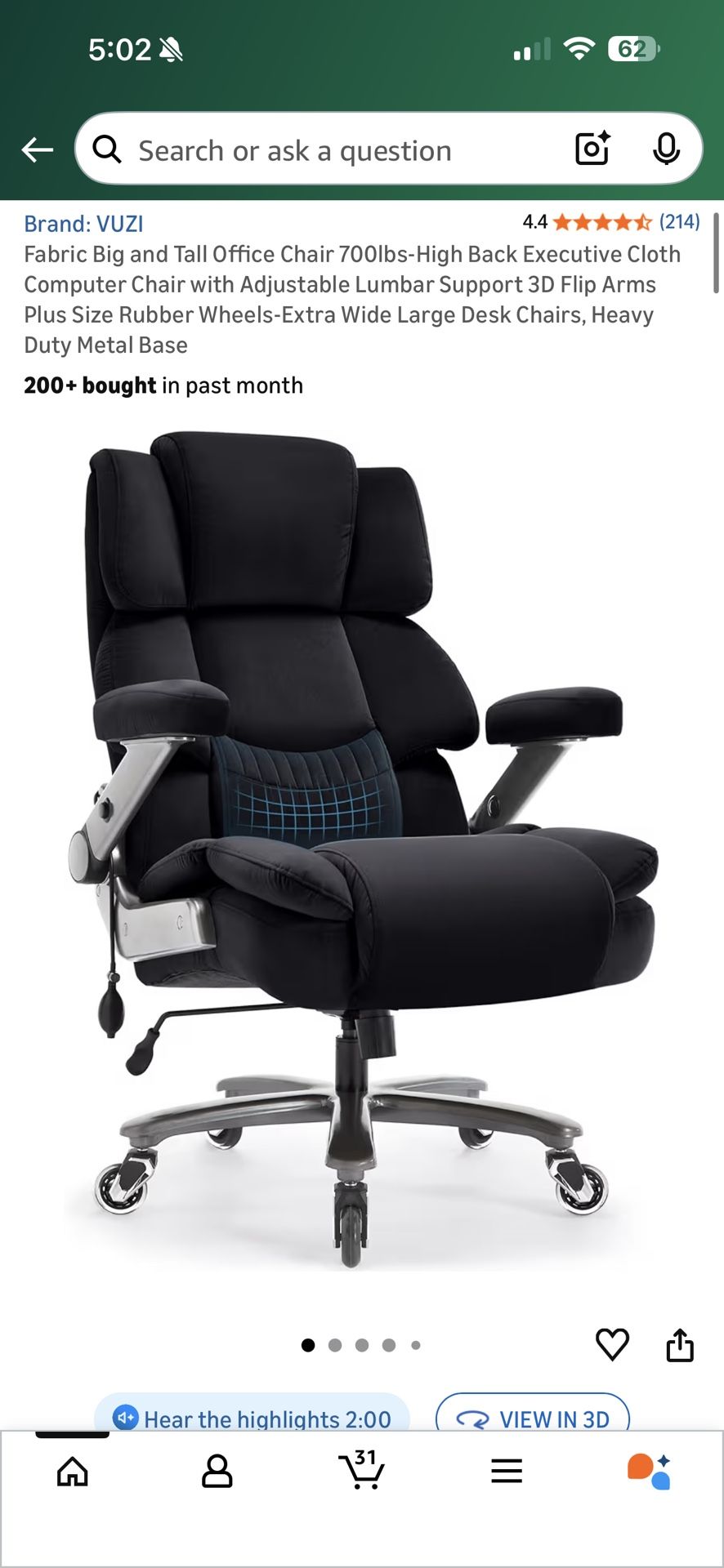Brand New Black Fabric Big & Tall Executive Office Chair w/Flip Up Armrests & Adjustable Lumbar