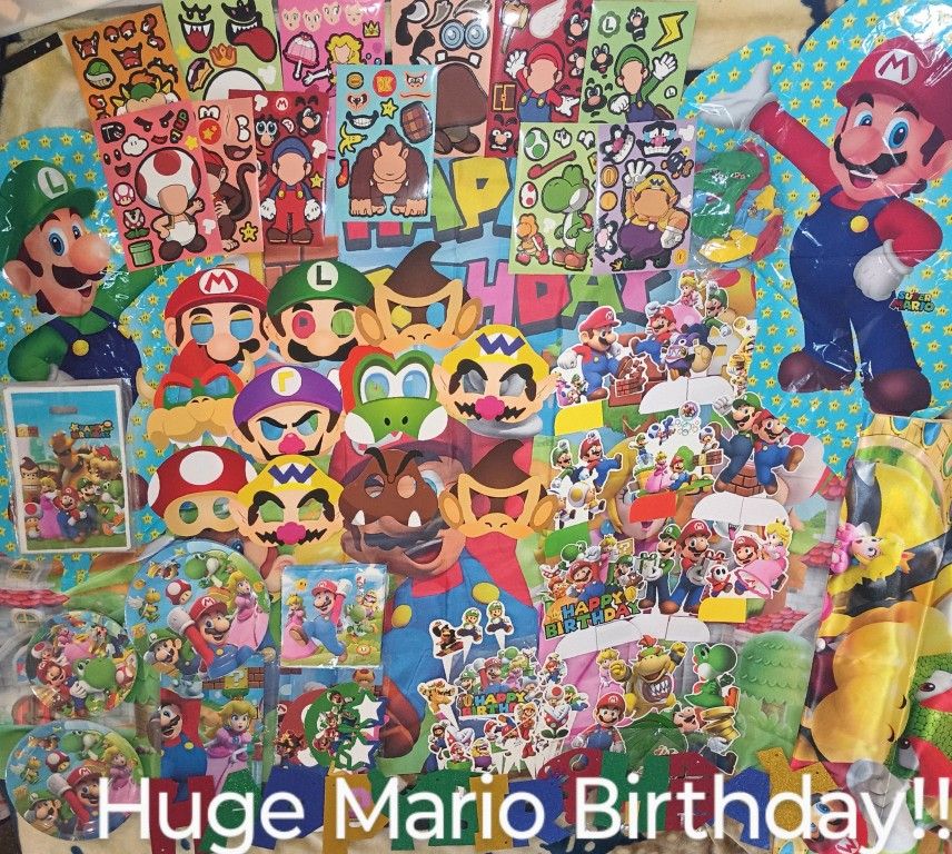 Super Mario Bros. Happy birthday Party Decorations, Tableware, Treatbags with Party Favors, and Bean Bag Toss Party Game.