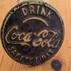 vintage brass patina 4-in drink Coca cola sidewalk marker