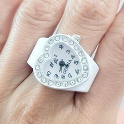 White diamond Heart Shape face women's girl's Quartz ring watch Gift