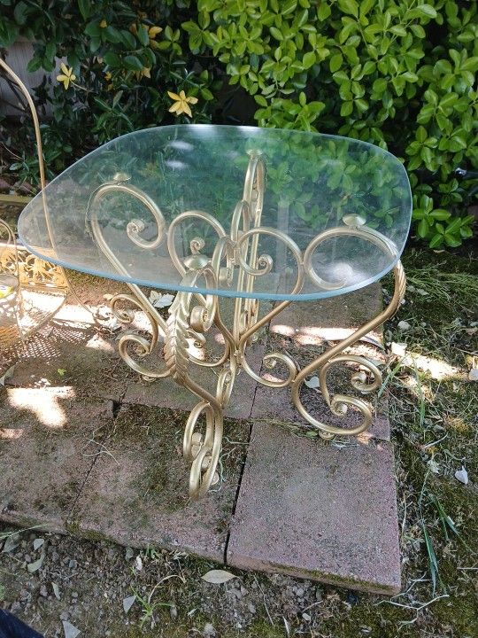 Gold Wrought Iron Glass Top Antique End Table