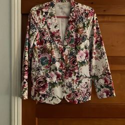 Liz Claiborne Lined White Blazer With Pink Flower And  Pockets