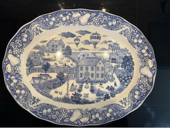 Marushin Art Ocean Pacific Blue & White Oval Serving Platter