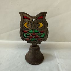 Vintage Owl Shaped Stained Glass Sun Catcher Cast Iron Bell 