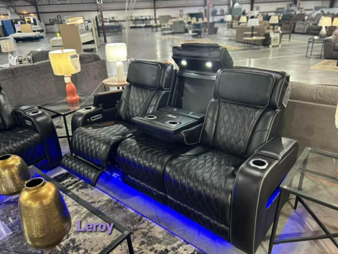 Massage System Included Real Black Leather Home Theater Seating Power Reclining Sofa And Loveseat