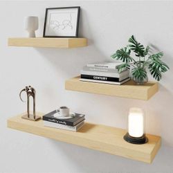 NEW -White Oak Floating Shelf Set of 3 for Wall, 2 Inch Thick Wood Floating Shelves Wall Mounted, 8 Inch Deep Shelf for Kitchen Living Room Bathroom L