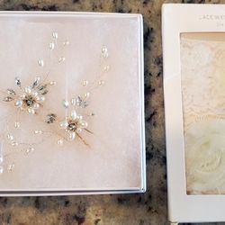 Miss To Mrs Lace Wedding Garter Set &Hair Couture Bridal Set of 3 Pearl Jewel Hair Pins (new)