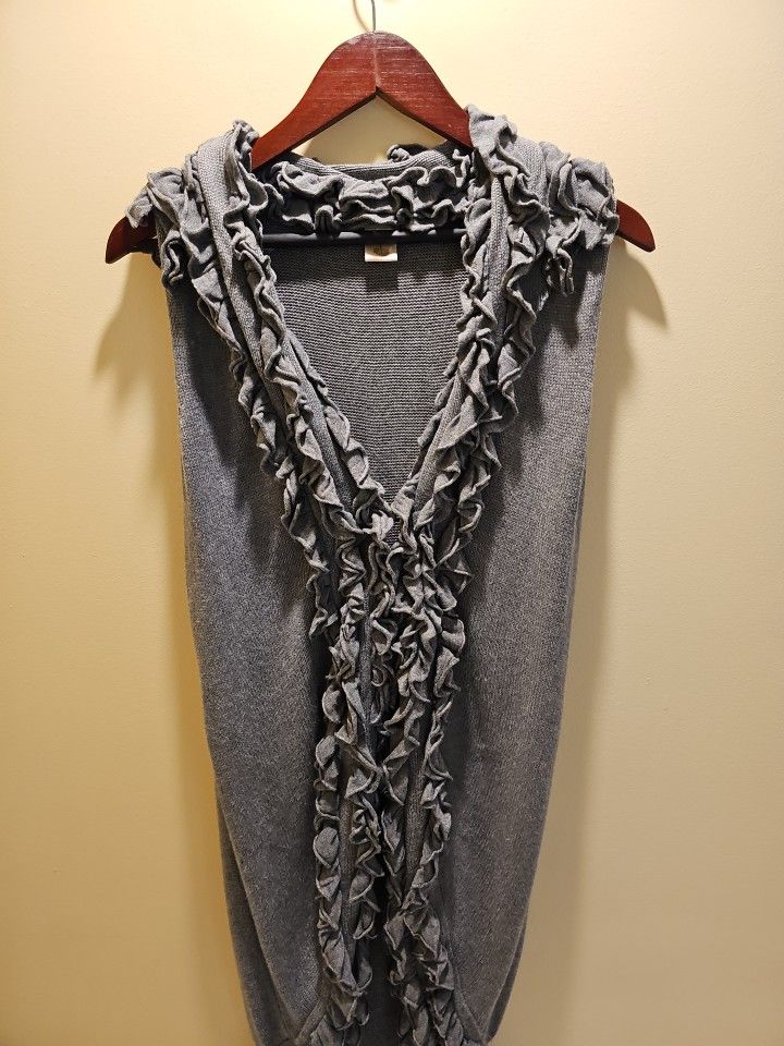 Arden B Designer Women's Waterfall Ruffle Open Knit Gray Vest