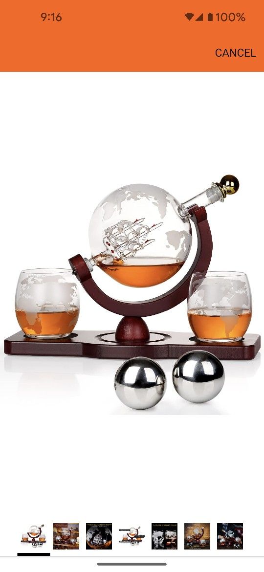 Whiskey Decanter Globe Set with 2 Ball Stones & 2 Glasses