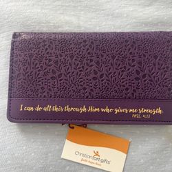 Christian Art Gifts Purple Faux Leather Checkbook Cover for Women - I Can Do Everything Through Him - Bi-fold Checkbook Cover for Duplicate Checks ID 