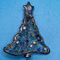 Christmas Tree Multicolored Rhinestone Pin Brooch Silver Tone Accent