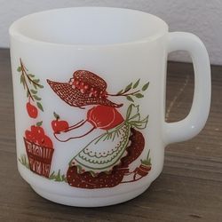 Vtg GLASBAKE Give What You Have Milk Glass Bonnet Girl Picking Apples Coffee Mug