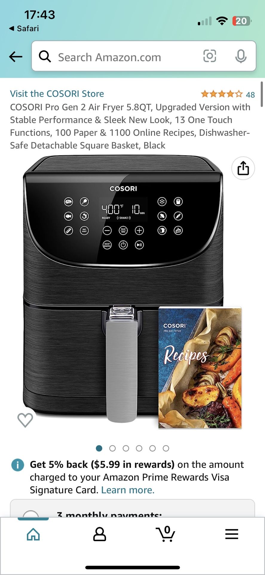 Cosori CP168-AF Pro Gen 2 5.8 Quart Air Fryer W 13 One Touch Functions Black