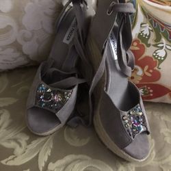 New Steve Madden-5 Inch Wedge- Grey With Stones In Front