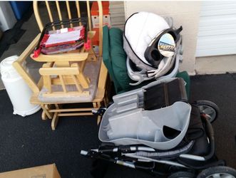 Baby stroller set, high chair, diaper disposal container, etc