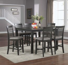 7 Piece Counter Height Dining Set Grey Wood And Cloth 