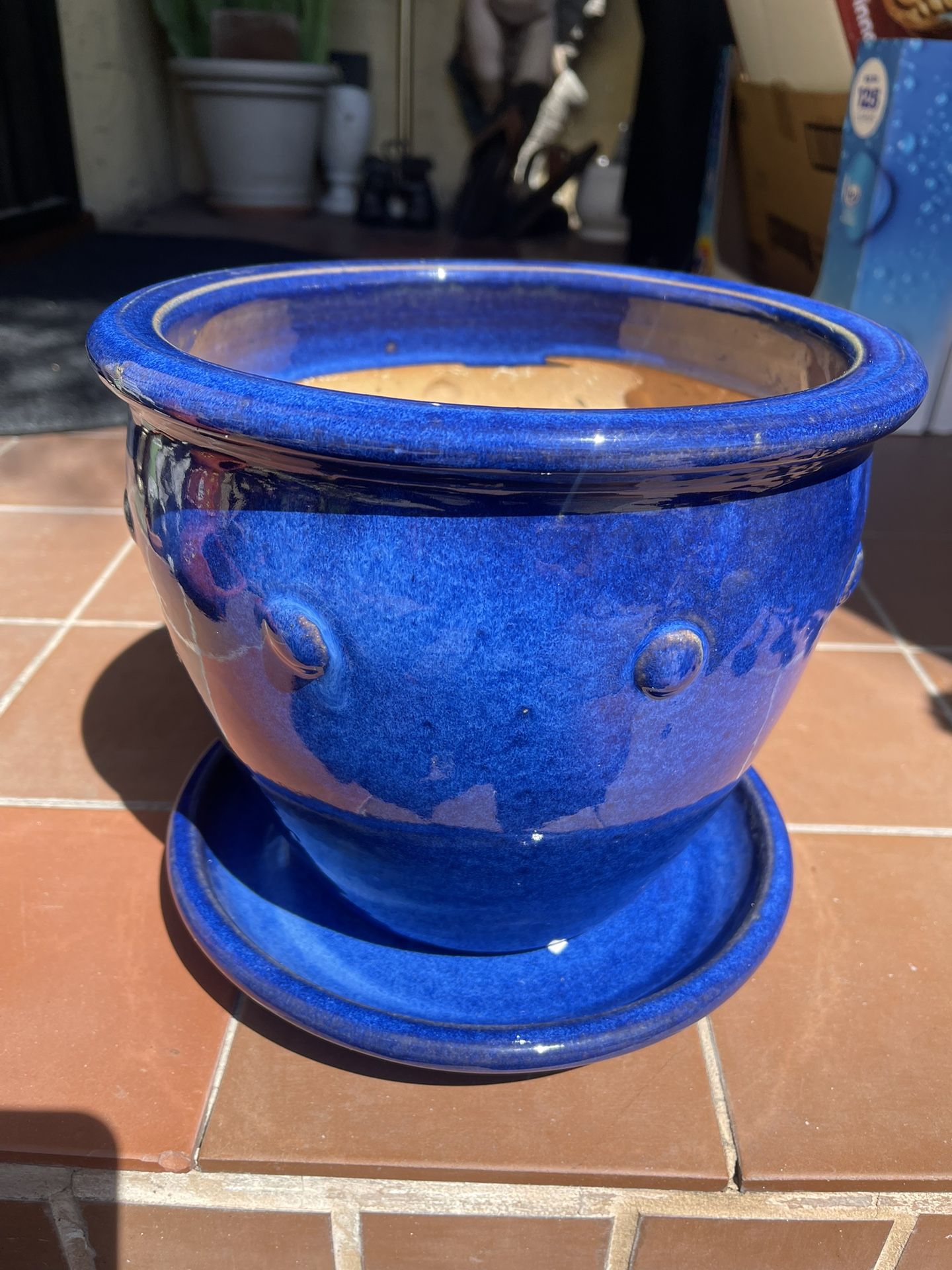 Allen + Roth Blue Glazd Flower Pot With Dish